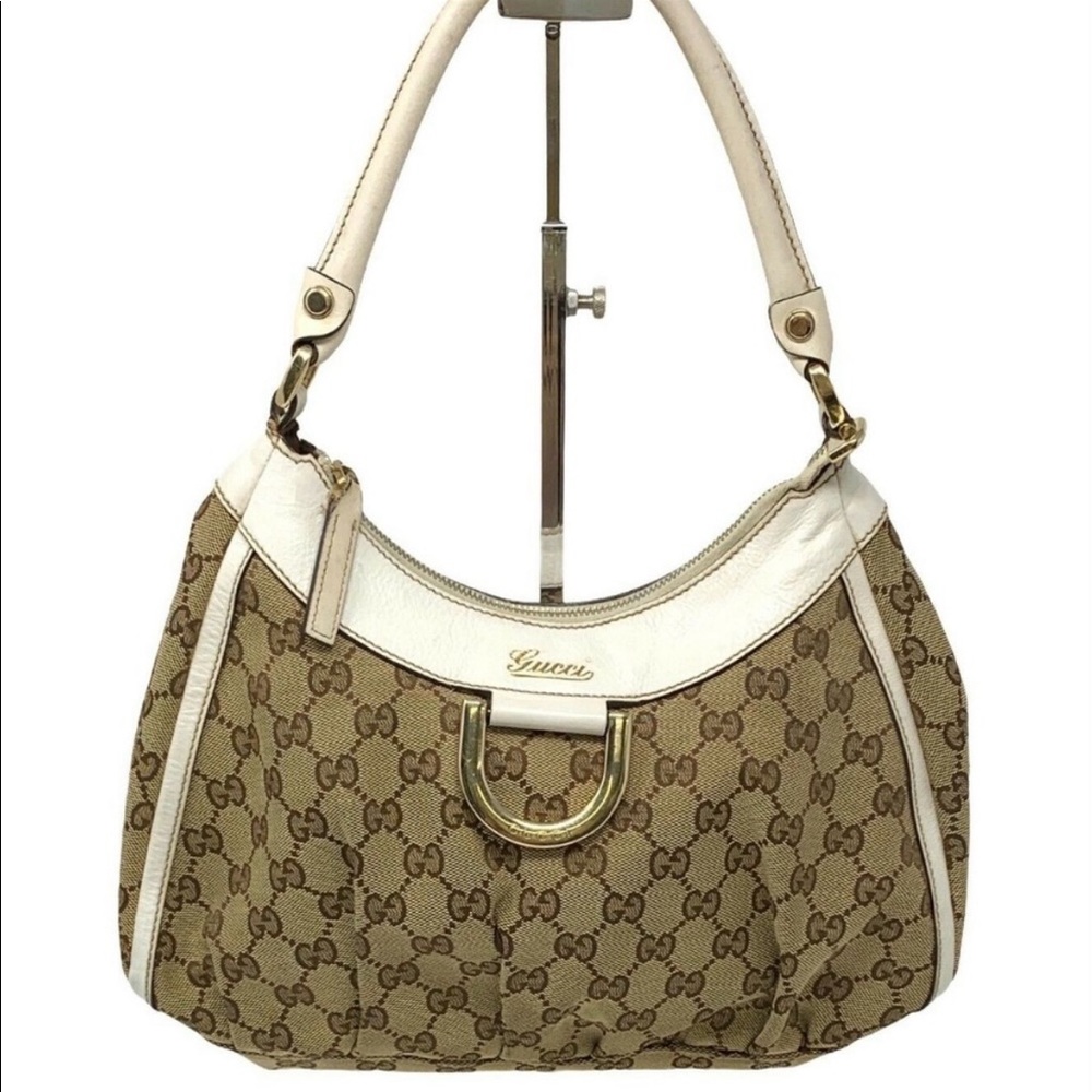 GUCCI Vintage Gg Logo Monogram Handbag Beige White Silver Canvas Leather